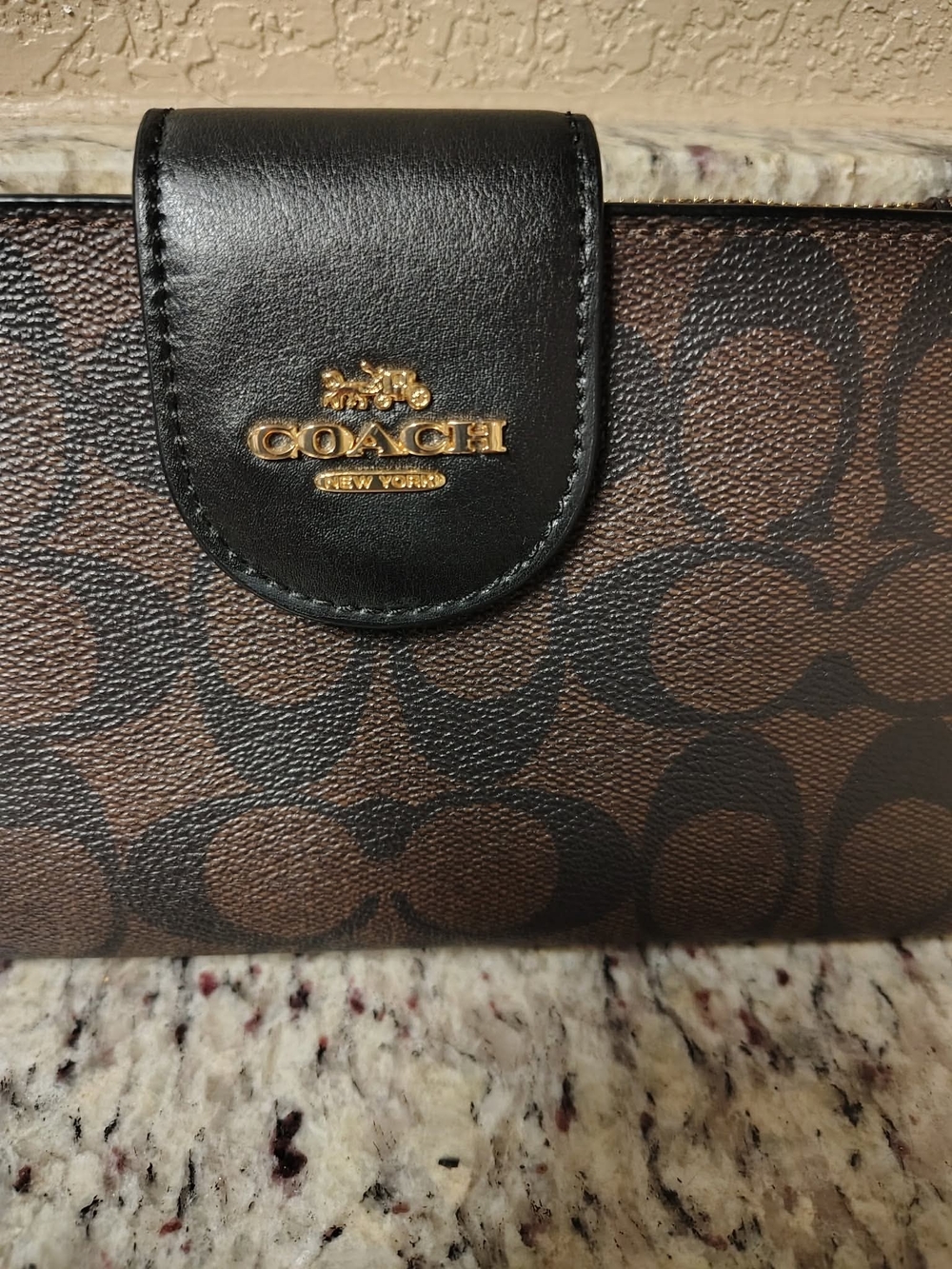 Coach Signature Canvas Continental Wallet in Brown and Black with Gold Logo